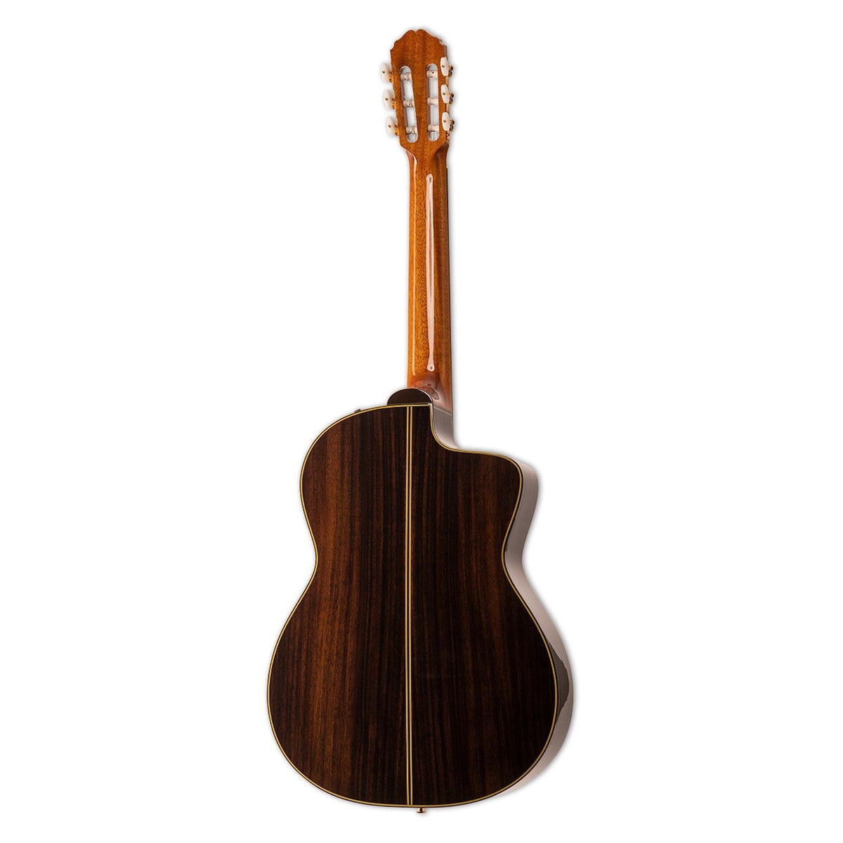 Mirrored from the right-handed model to show the left-handed layout: full back view of the Takamine EH5C with the mahogany neck and the rosewood back.