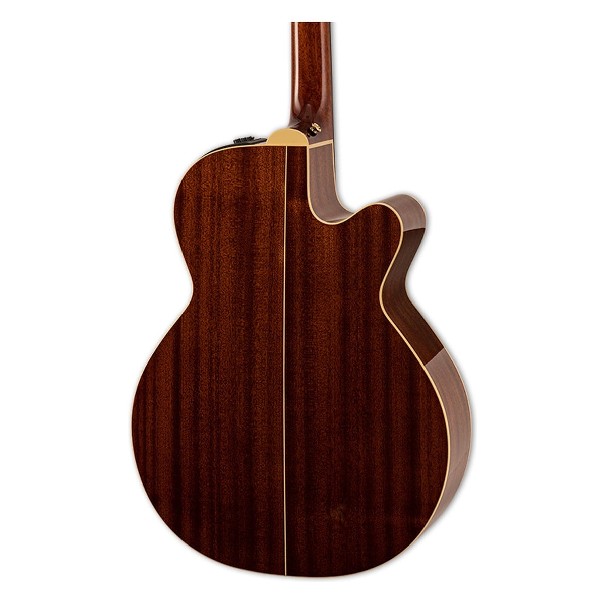Mirrored from the right-handed model to show the left-handed layout: back of the Takamine FSF40C body with the solid sapele back and the heel of the mahogany neck.