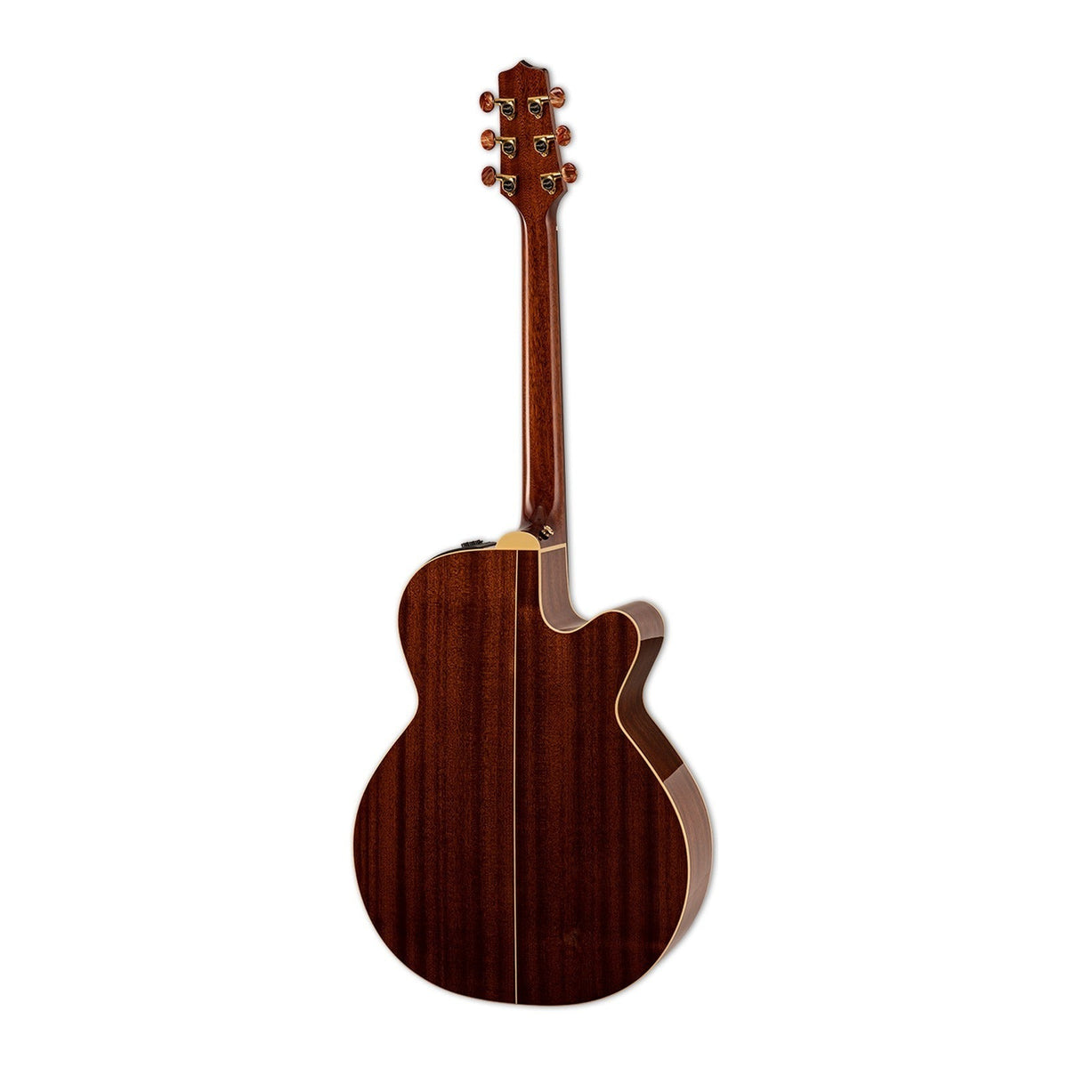 Mirrored from the right-handed model to show the left-handed layout: full back view of the Takamine FSF40C with the mahogany neck and solid sapele back.