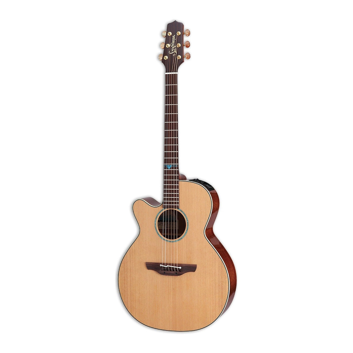 Mirrored from the right-handed model to show the left-handed layout: full front view of the Takamine FSF40C NEX cutaway guitar standing upright with the headstock at the top.