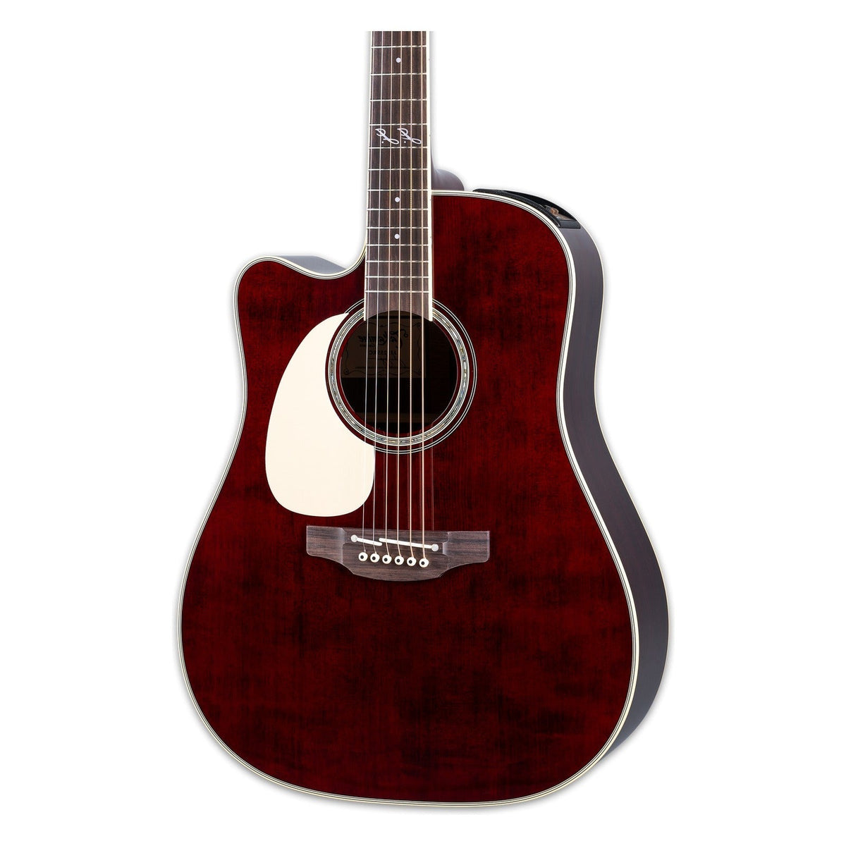 Mirrored from the right-handed model to show the left-handed layout: front of the Takamine JJ325SRCL body in a gloss red stain finish, solid spruce top, cutaway, soundhole rosette and the lower fretboard.