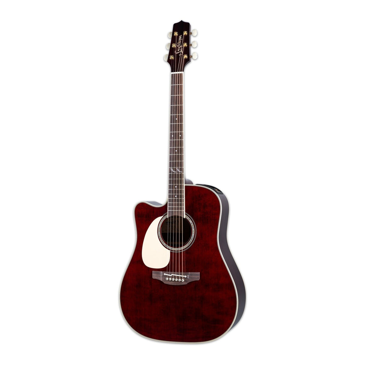 Mirrored from the right-handed model to show the left-handed layout: full front view of the Takamine JJ325SRCL dreadnought cutaway guitar standing upright with the headstock at the top.
