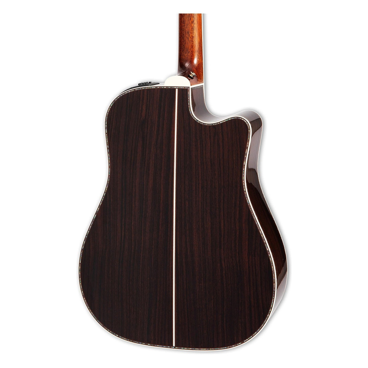 Mirrored from the right-handed model to show the left-handed layout: back of the Takamine P10DC body with the solid East Indian rosewood back and the heel of the mahogany neck.
