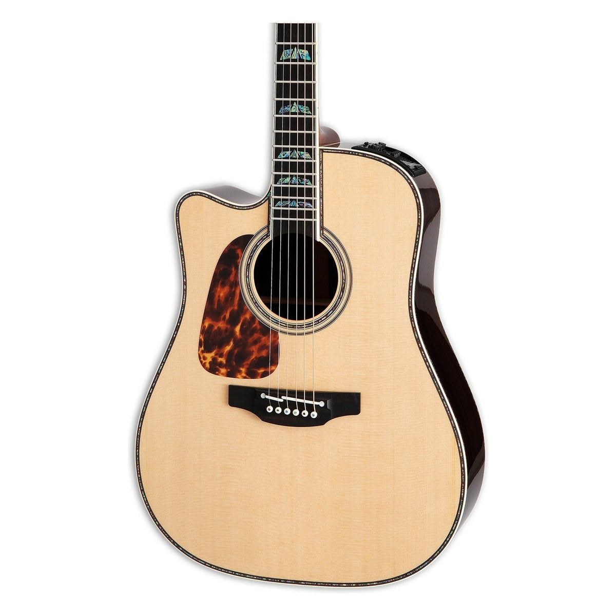 Mirrored from the right-handed model to show the left-handed layout: front of the Takamine P10DC body in a gloss natural finish, solid spruce top, cutaway, soundhole rosette and the lower fretboard.