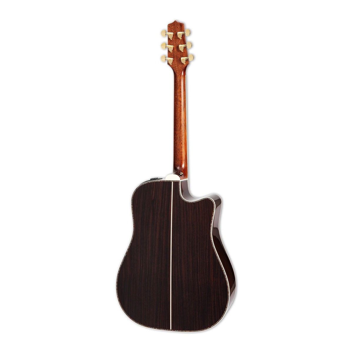 Mirrored from the right-handed model to show the left-handed layout: full back view of the Takamine P10DC with the mahogany neck and solid East Indian rosewood back.