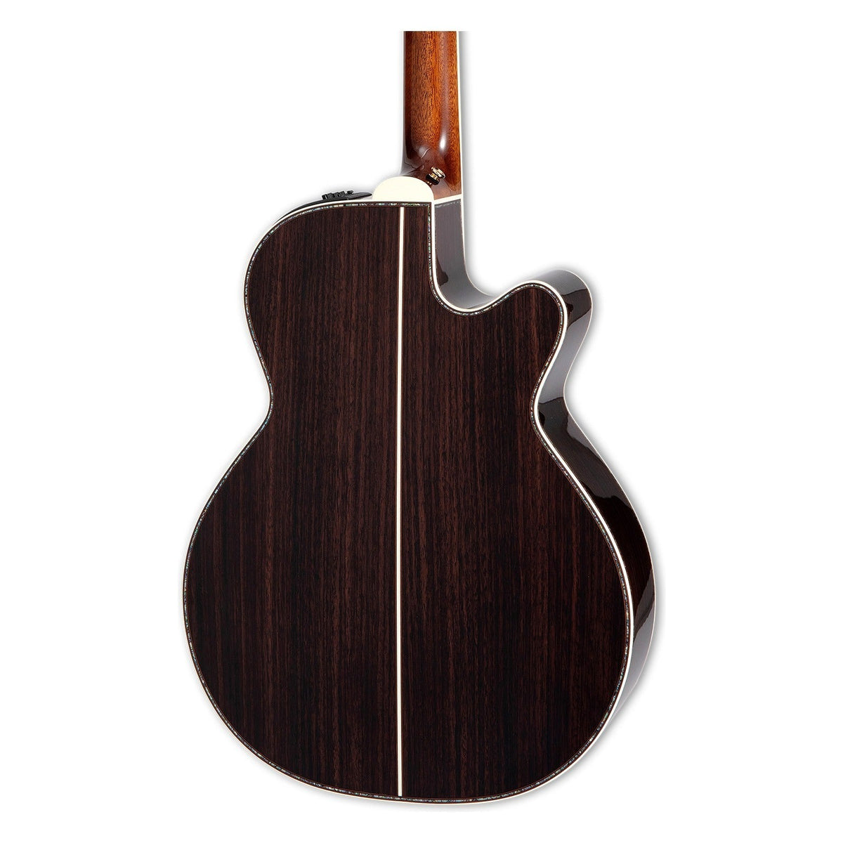 Mirrored from the right-handed model to show the left-handed layout: back of the Takamine P10NC body with the solid East Indian rosewood back and the heel of the mahogany neck.