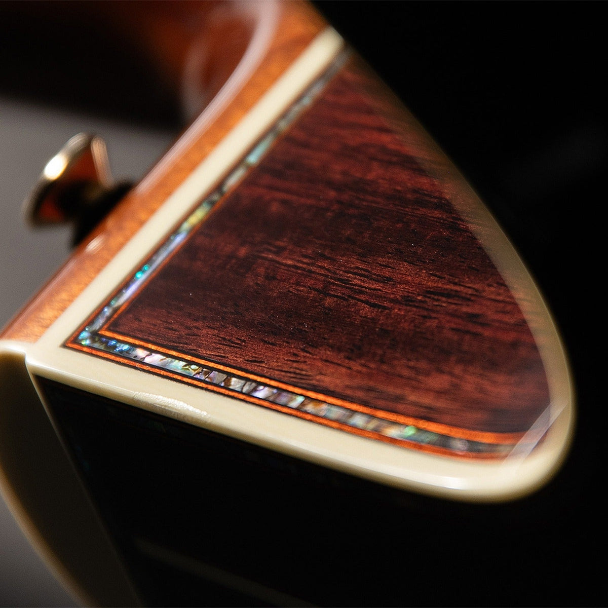 Mirrored from the right-handed model to show the left-handed layout: close-up of the Takamine P10NC cutaway with abalone purfling and binding.