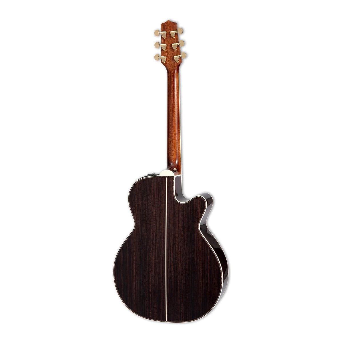 Mirrored from the right-handed model to show the left-handed layout: full back view of the Takamine P10NC with the mahogany neck and solid East Indian rosewood back.