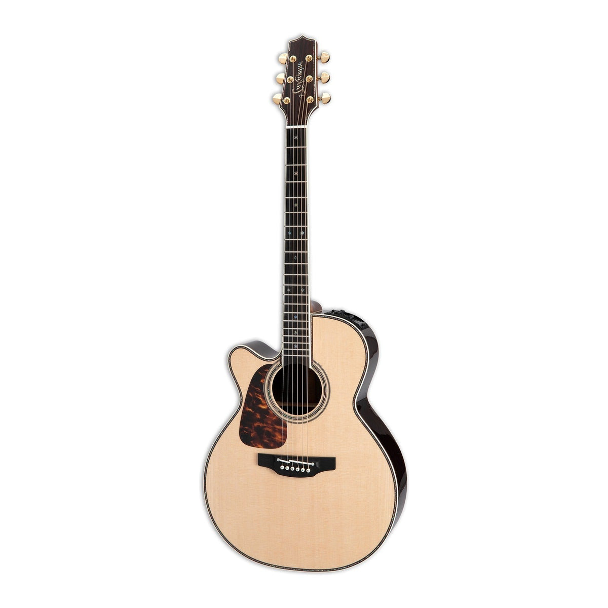 Mirrored from the right-handed model to show the left-handed layout: full front view of the Takamine P10NC NEX cutaway guitar standing upright with the headstock at the top.
