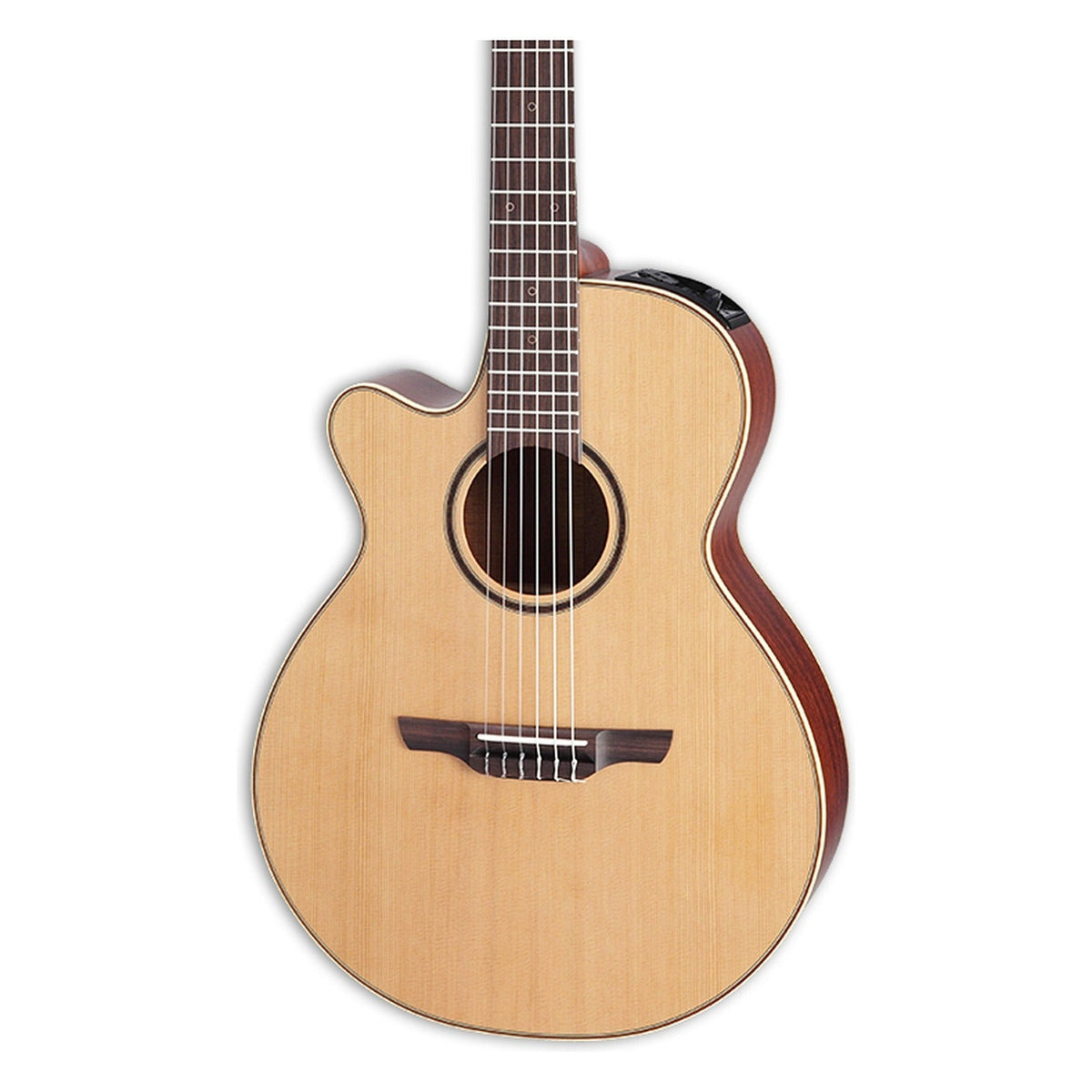 Mirrored from the right-handed model to show the left-handed layout: front of the Takamine P3FCN body in a natural satin finish, solid cedar top, cutaway, soundhole rosette and the lower fretboard.