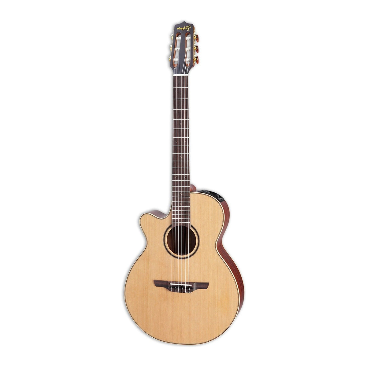 Mirrored from the right-handed model to show the left-handed layout: full front view of the Takamine P3FCN FCN cutaway nylon-string guitar standing upright with the headstock at the top.