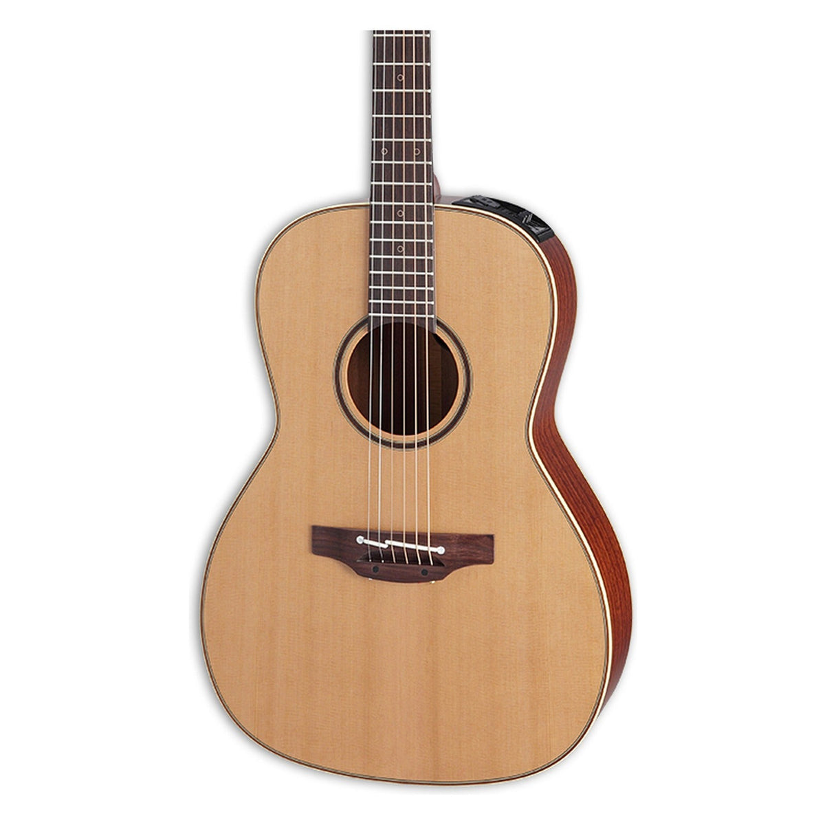 Mirrored from the right-handed model to show the left-handed layout: front of the Takamine P3NY body in a natural satin finish, solid cedar top, soundhole rosette and the lower fretboard.