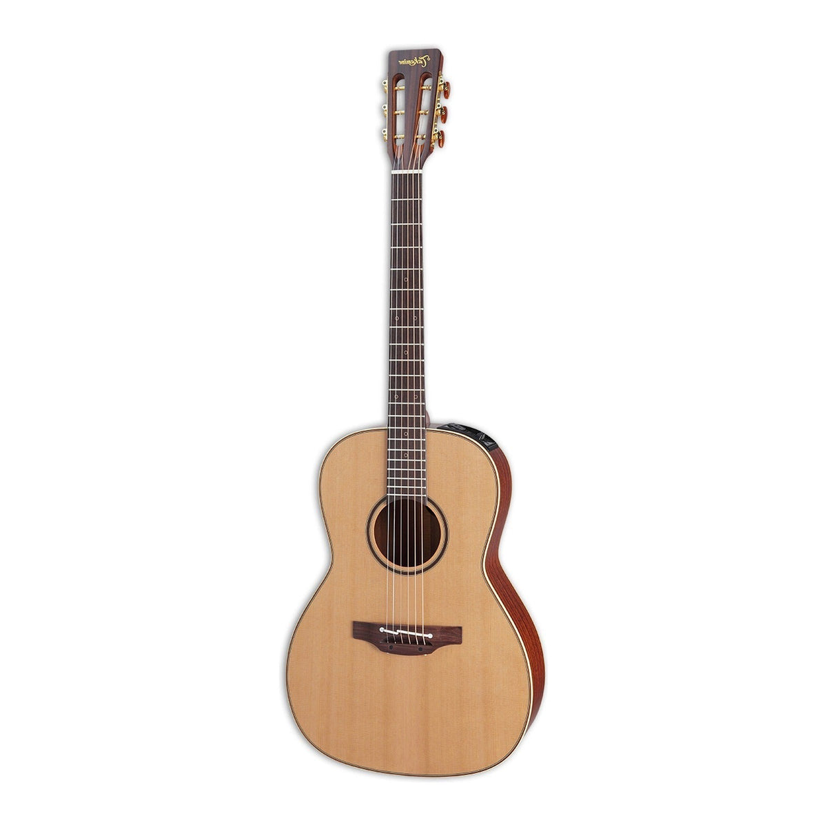 Mirrored from the right-handed model to show the left-handed layout: full front view of the Takamine P3NY New Yorker guitar standing upright with the headstock at the top.