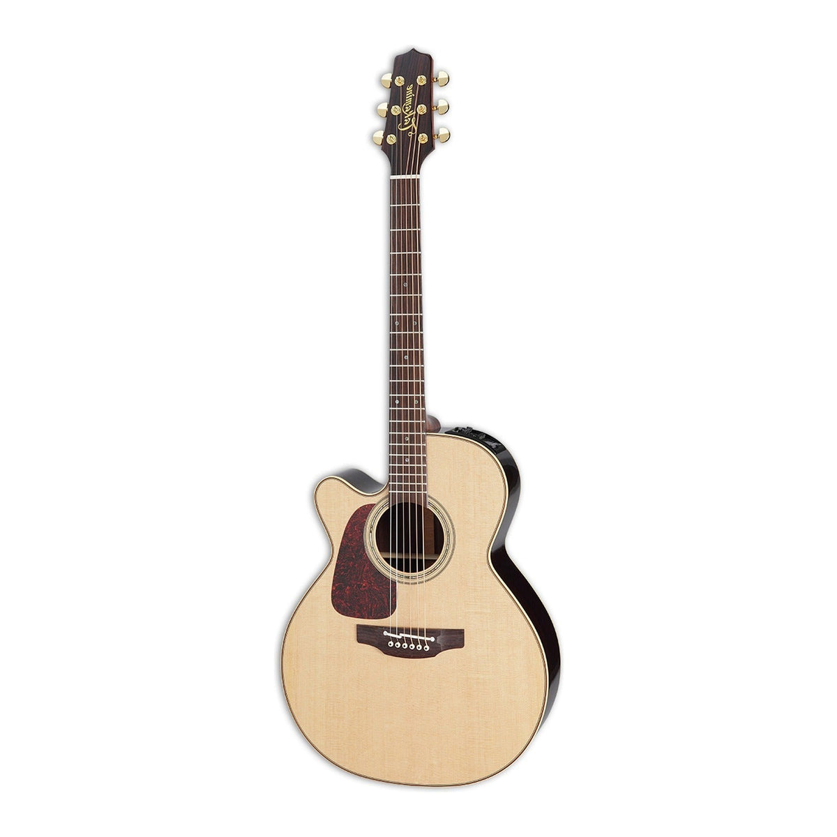 Mirrored from the right-handed model to show the left-handed layout: full front view of the Takamine P5NC NEX cutaway guitar standing upright with the headstock at the top.