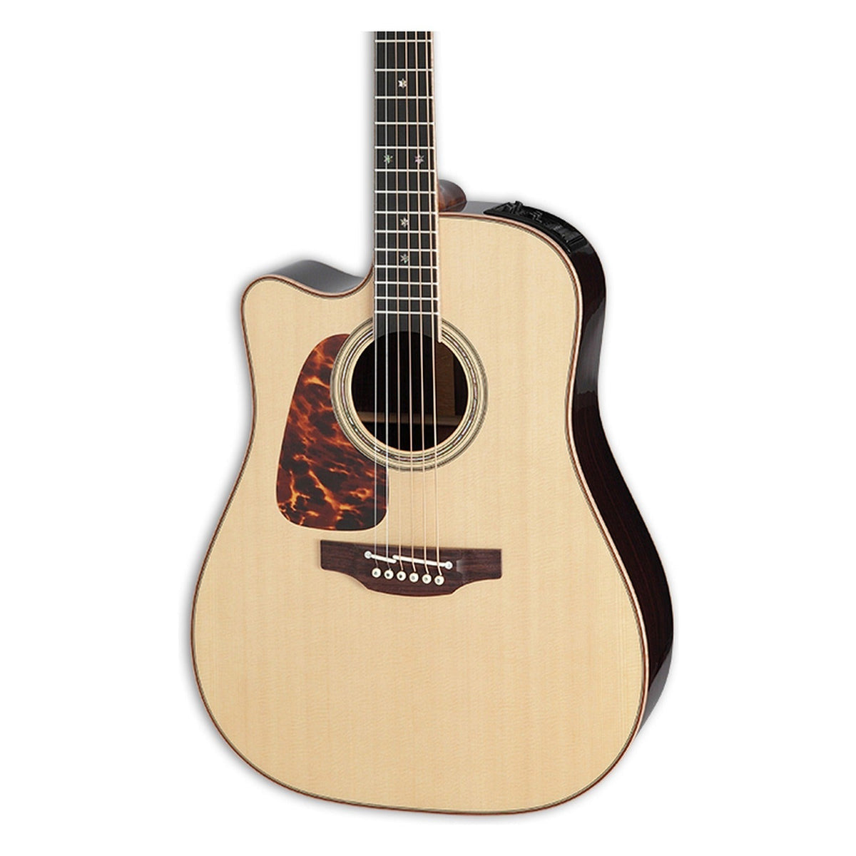 Mirrored from the right-handed model to show the left-handed layout: front of the Takamine P7DC body in a natural gloss finish, solid spruce top, cutaway, soundhole rosette and the lower fretboard.