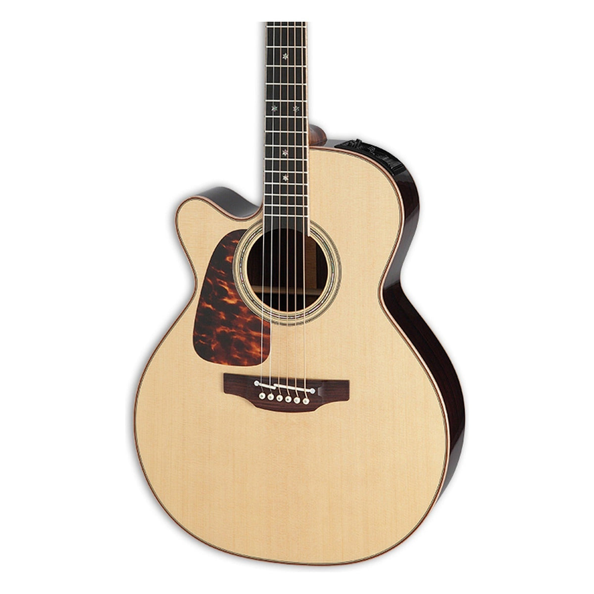 Mirrored from the right-handed model to show the left-handed layout: front of the Takamine P7NC body in a natural gloss finish, solid spruce top, cutaway, soundhole rosette and the lower fretboard.