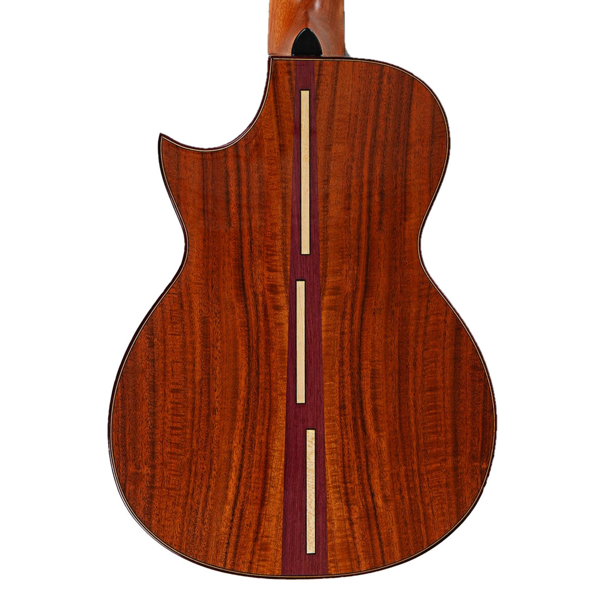 Back of the Kala KA-3CD-ACA-T tenor ukulele, figured solid acacia back with three cord backstrip and cutaway