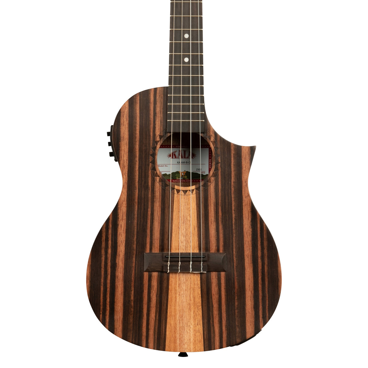 Front of the Kala KA-AM-B-CE baritone ukulele, striped Amara tri-top with mahogany center stripe and Florentine cutaway