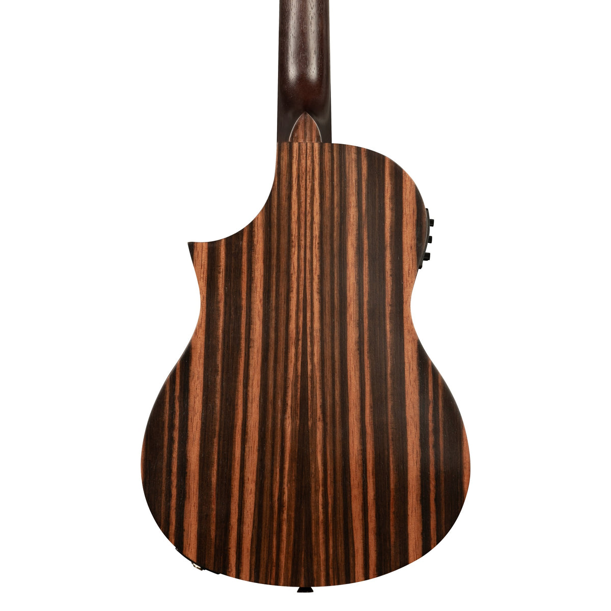 Back of the Kala KA-AM-B-CE baritone ukulele, striped Amara back with Florentine cutaway