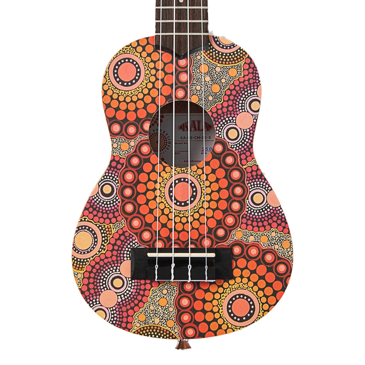 Front of the Kala KA-DS-CM-SC-S Desert Storylines soprano ukulele with Chantelle Muladad dot-painting artwork on the top