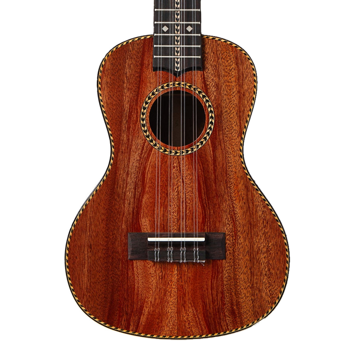 Front of the Kala KA-TARO-ASMH-C 8-string Taro Patch concert ukulele, solid mahogany top with herringbone rosette and rope binding