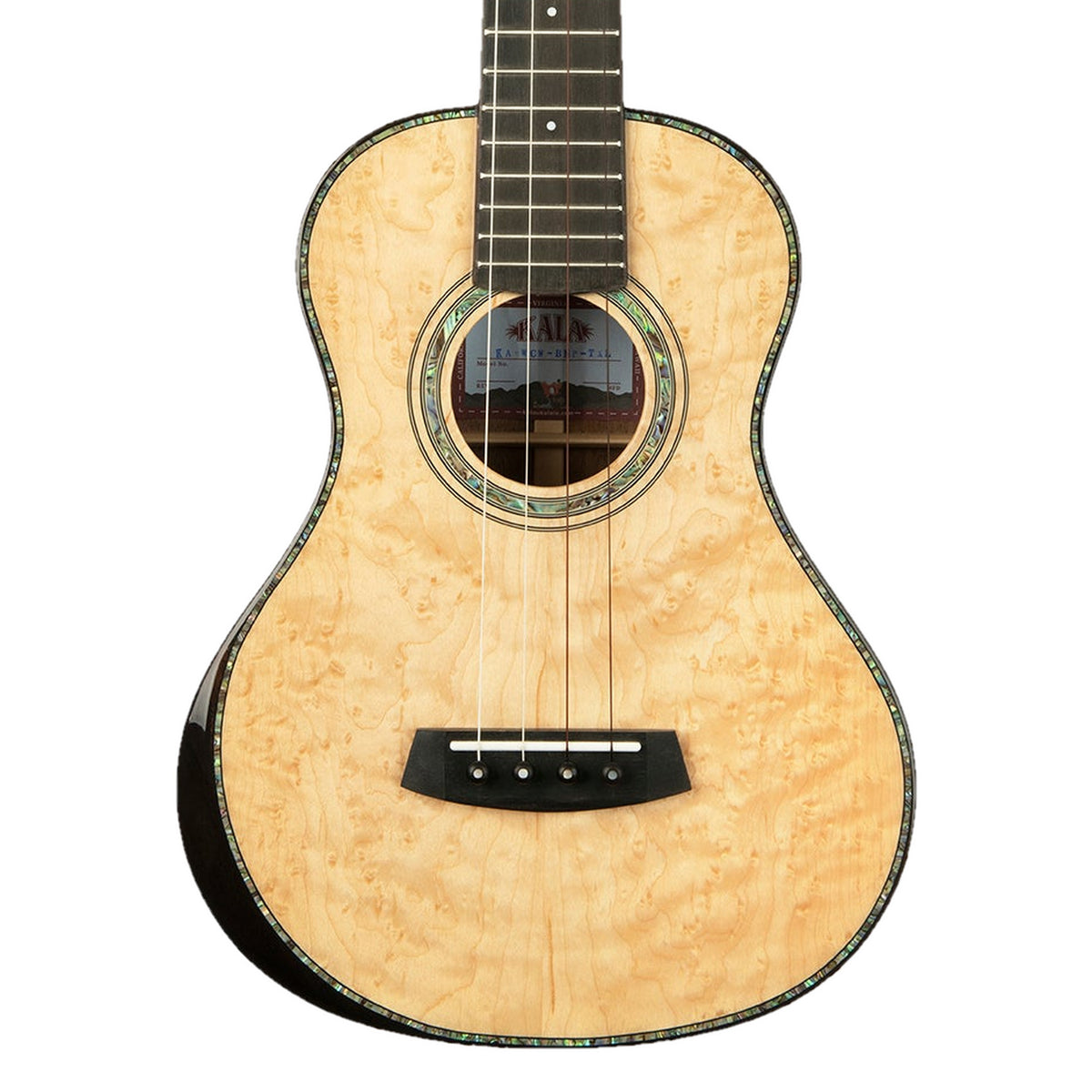 Front of the Kala KA-WCW-BMP-TXL tenor XL ukulele, solid birdseye maple top with abalone rosette and binding