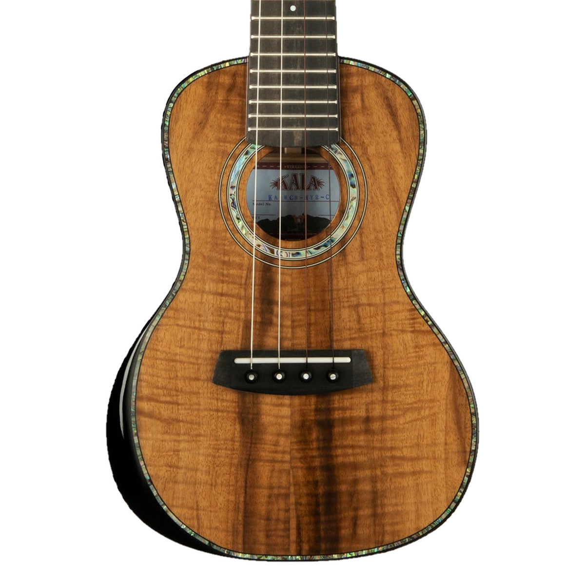 Front of the Kala KA-WCW-MYR-C concert ukulele, figured solid myrtle top with abalone rosette and binding