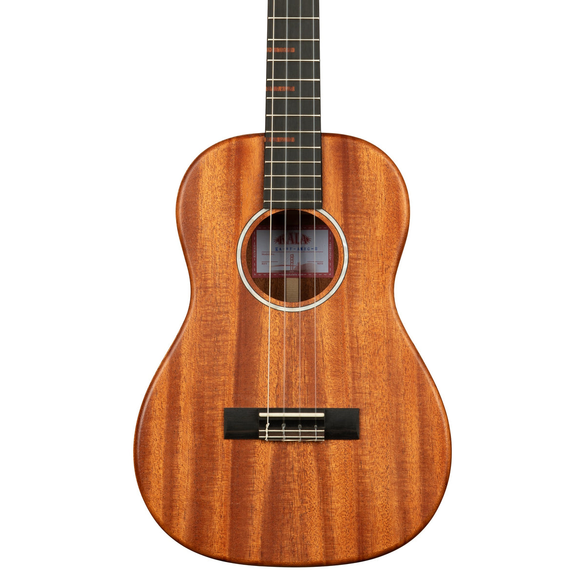 Front of the Kala KA-WF-AMHG-B baritone ukulele, solid mahogany top with mother-of-pearl rosette and ebony fingerboard