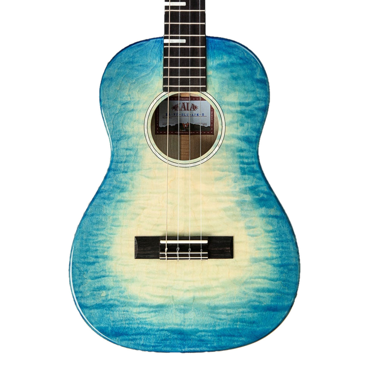 Front of the Kala KA-WF-BLU-AFM-B baritone ukulele, blue burst solid flame maple top with mother-of-pearl rosette