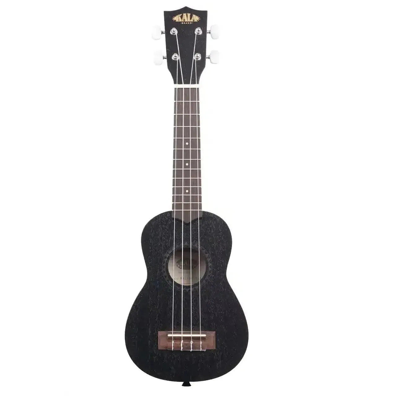 Kala 15S-BLK black satin mahogany soprano ukulele with white tuning pegs.