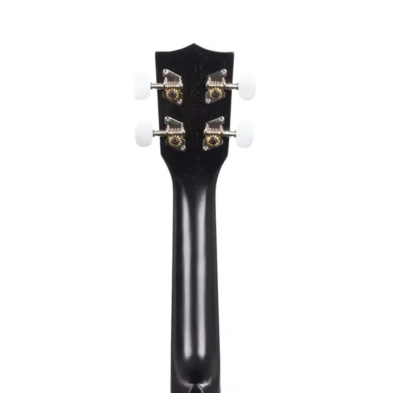 Kala 15S-BLK Black Satin Mahogany Soprano Ukulele headstock and neck, rear view.