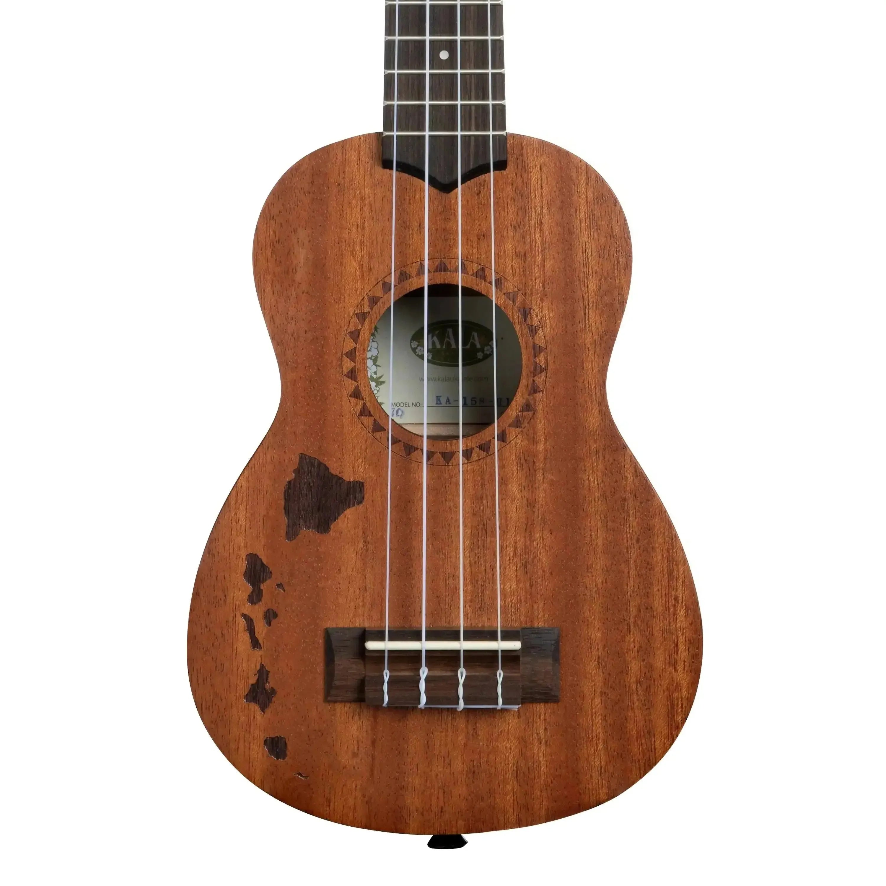 Kala 15S-H1 Satin Mahogany Soprano Ukulele with Hawaiian Islands design.