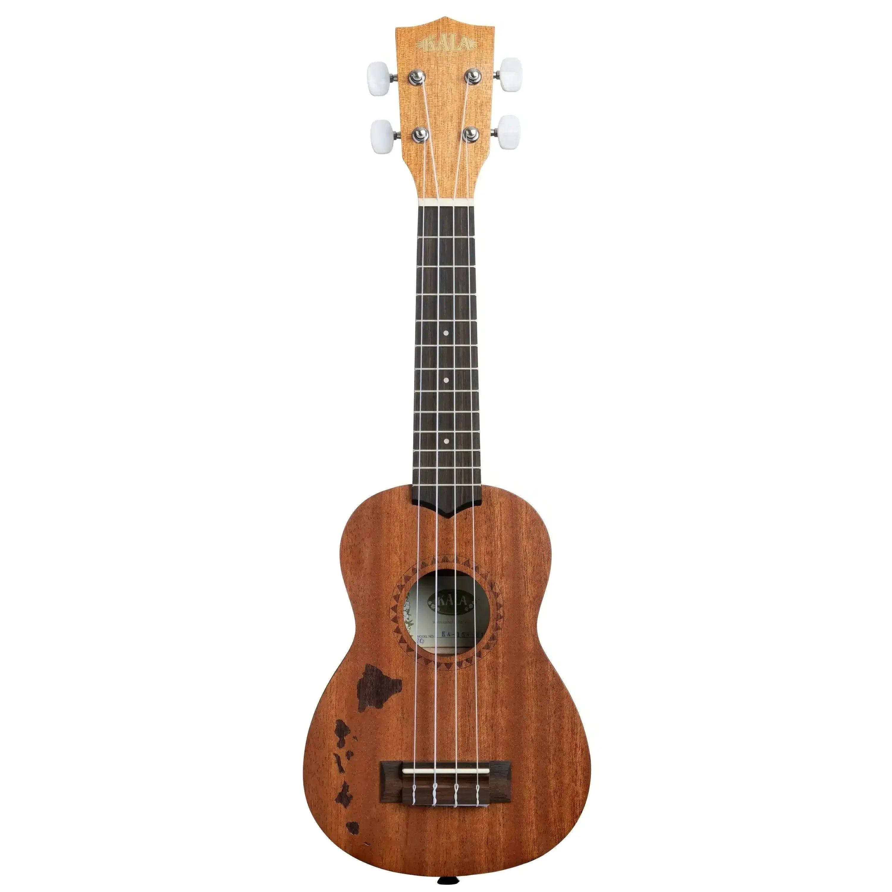 Kala 15S-H1 Satin Mahogany Hawaiian Islands Soprano Ukulele with island-shaped design.