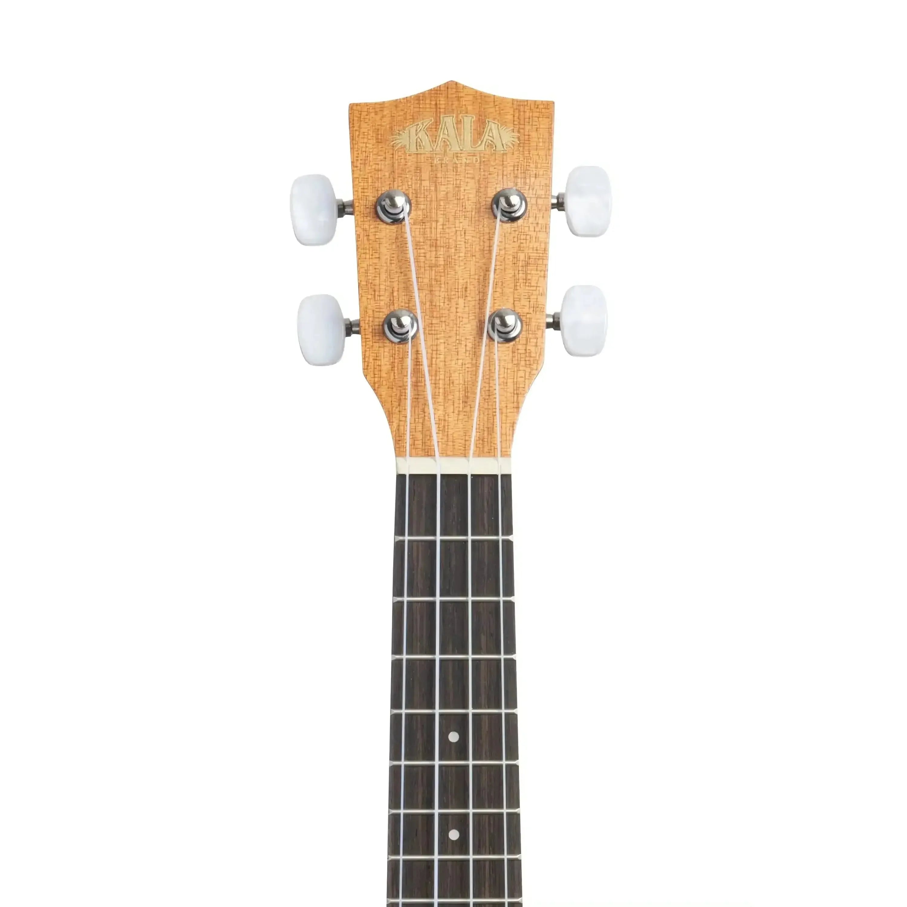 Kala 15S-H1 Soprano Ukulele headstock with satin mahogany finish, white tuners, and rosewood fretboard.