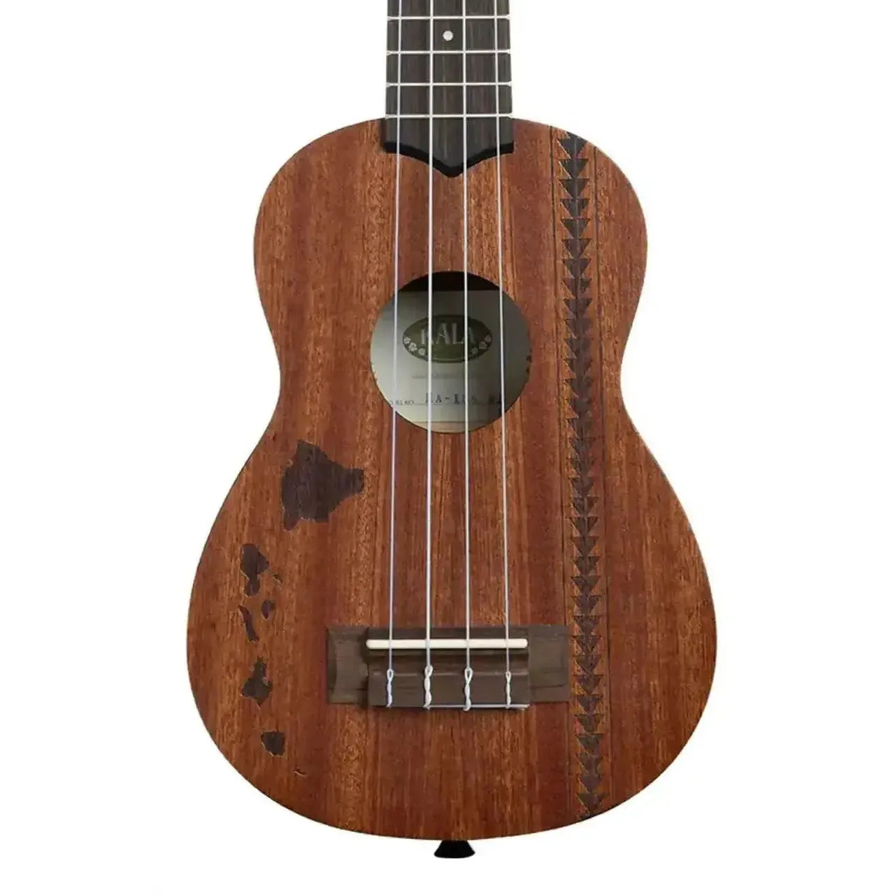 Kala 15S-H2 mahogany soprano ukulele with laser-etched Hawaiian islands and tattoo design.