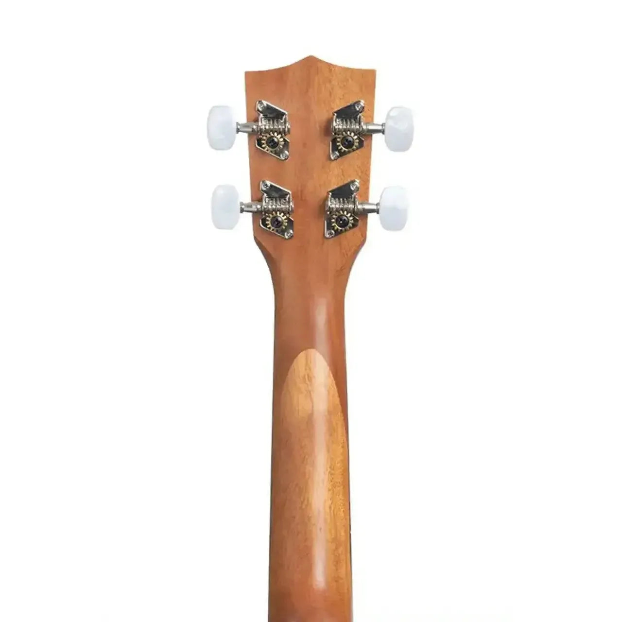 Back of Kala 15S-H2 mahogany soprano ukulele headstock and neck with white tuning pegs.