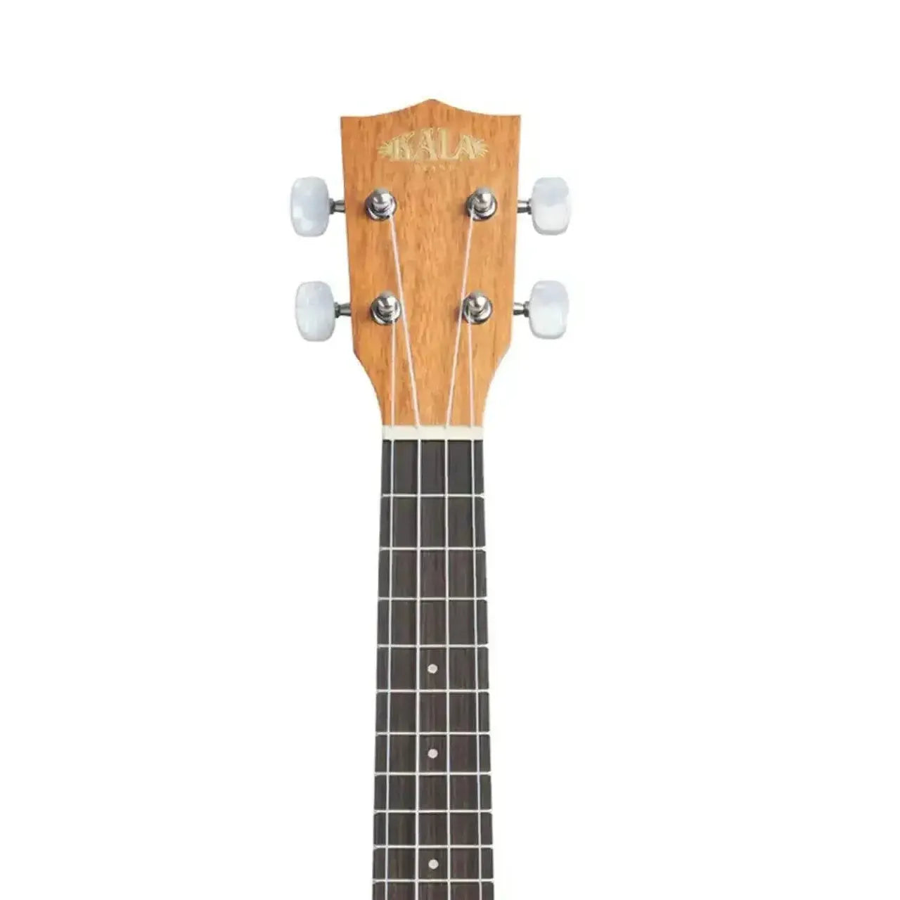 Kala 15S soprano ukulele headstock and fretboard, natural satin mahogany with white tuning pegs.
