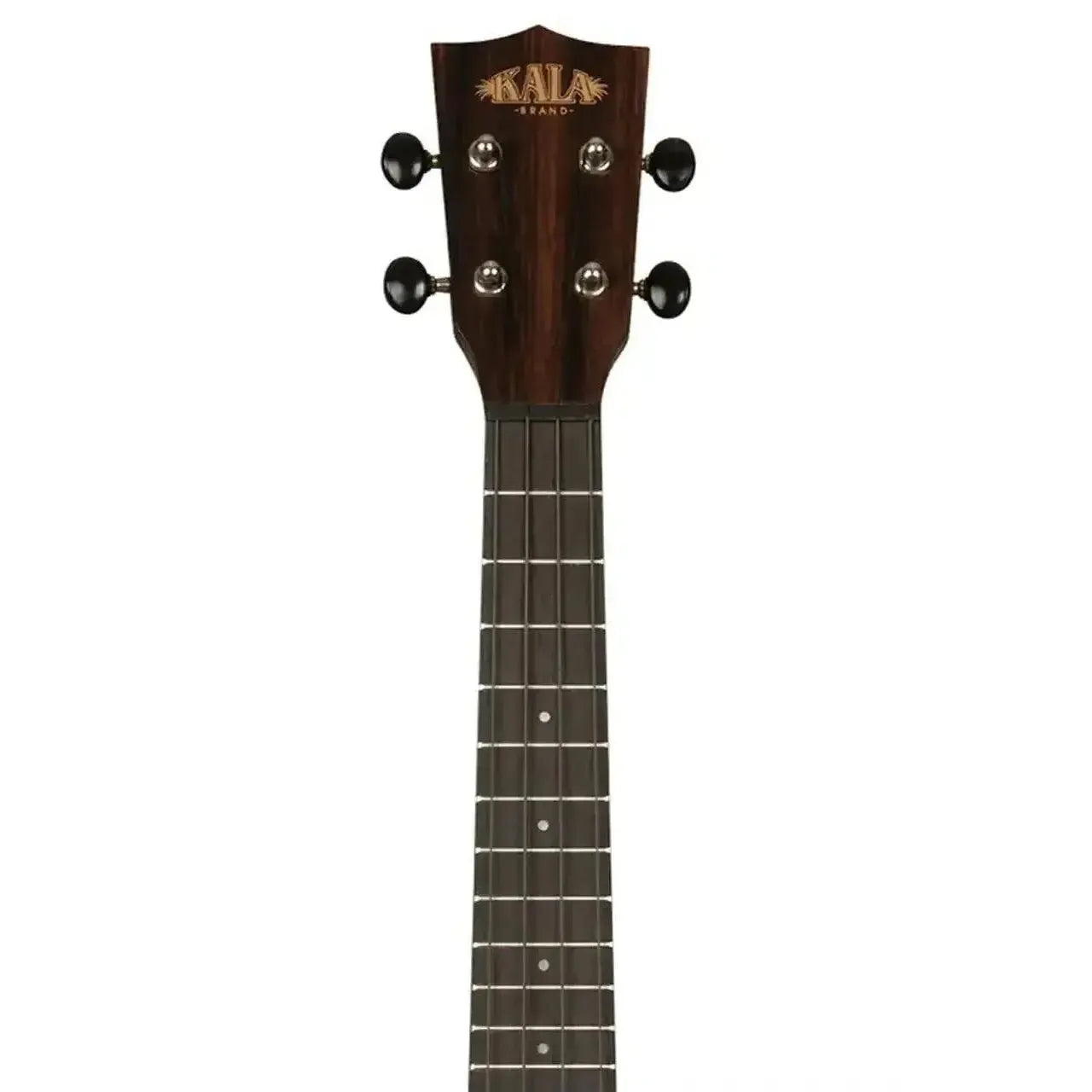 Kala Amara Trip-Top Concert Ukulele headstock and neck with dark wood grain, black tuners, and frets.