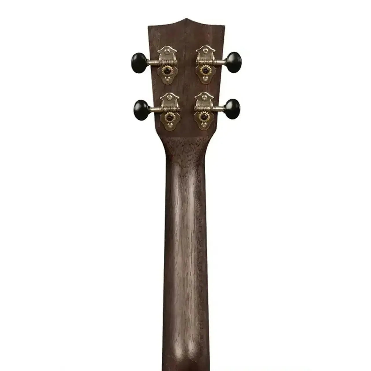 Back of Kala Amara Trip-Top Concert Ukulele headstock and neck, showing dark wood grain and black open-geared tuners.