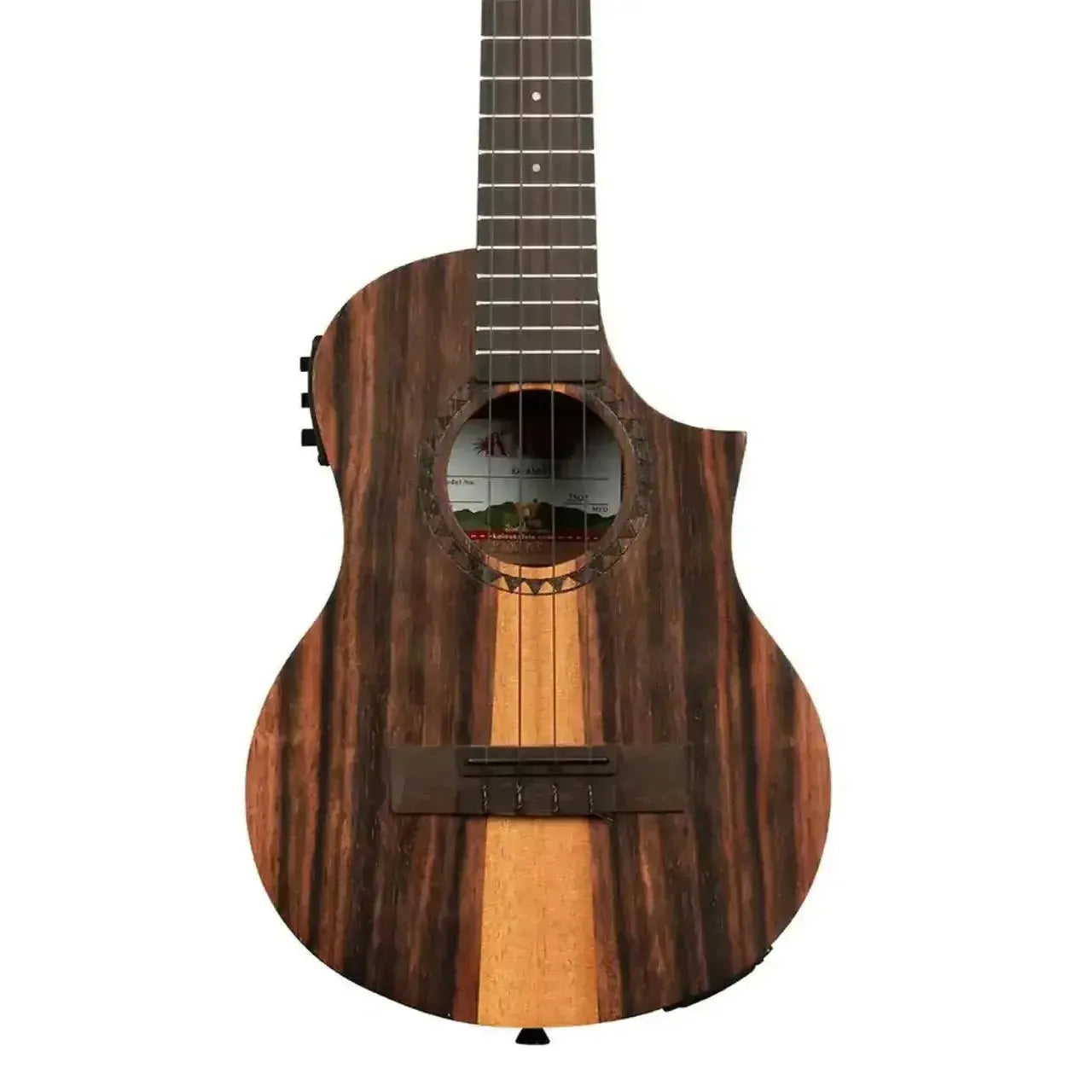 Kala Amara Tri-Top Tenor Ukulele with dark striped Amara wood, light mahogany stripe, and cutaway.
