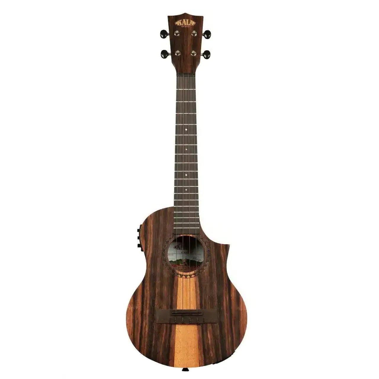 Kala Amara Tri-Top Tenor Ukulele with dark wood grain, light stripe, Florentine cutaway, and EQ.
