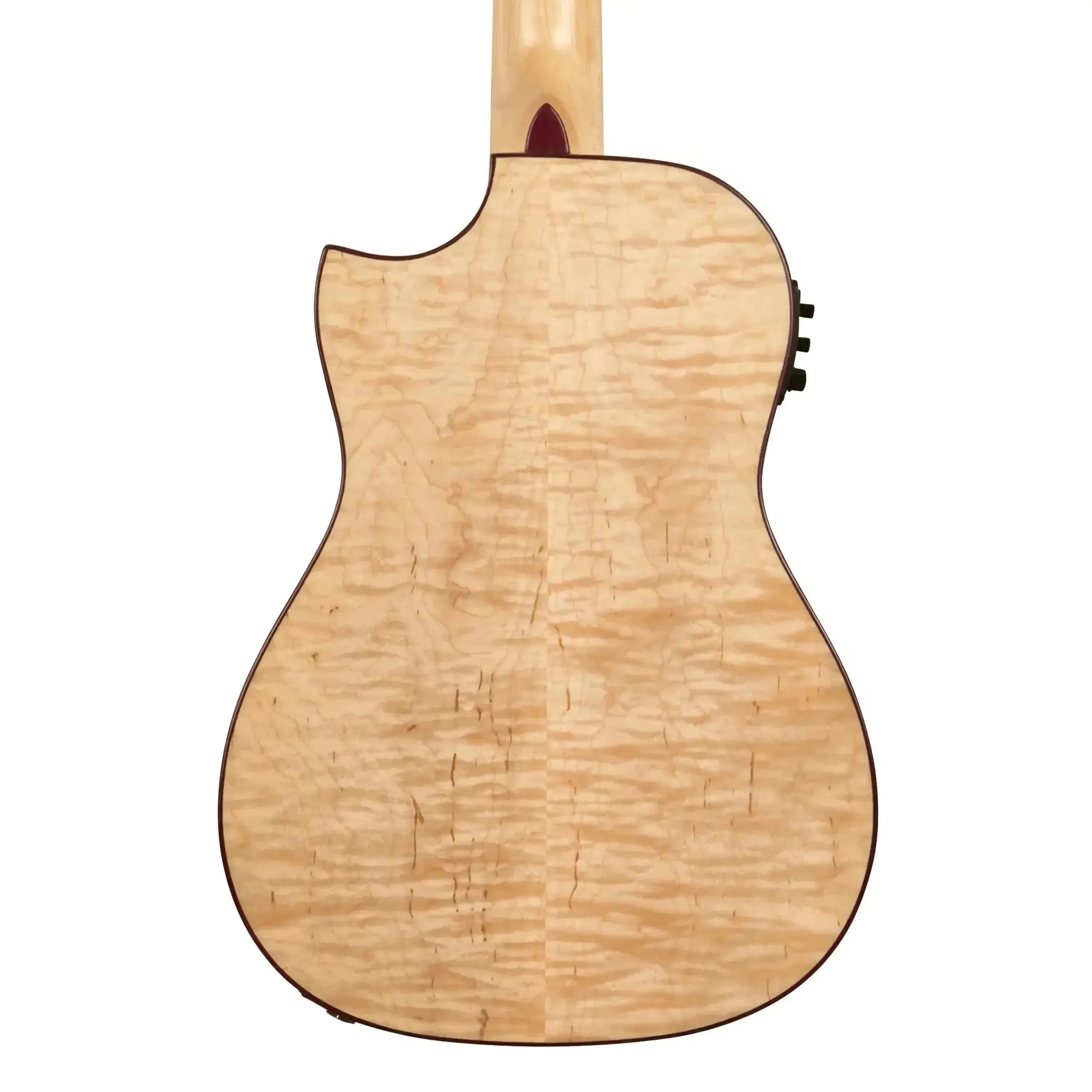 Kala ASFM-B-CE Baritone Ukulele back, showing light flamed maple wood grain and purpleheart binding.
