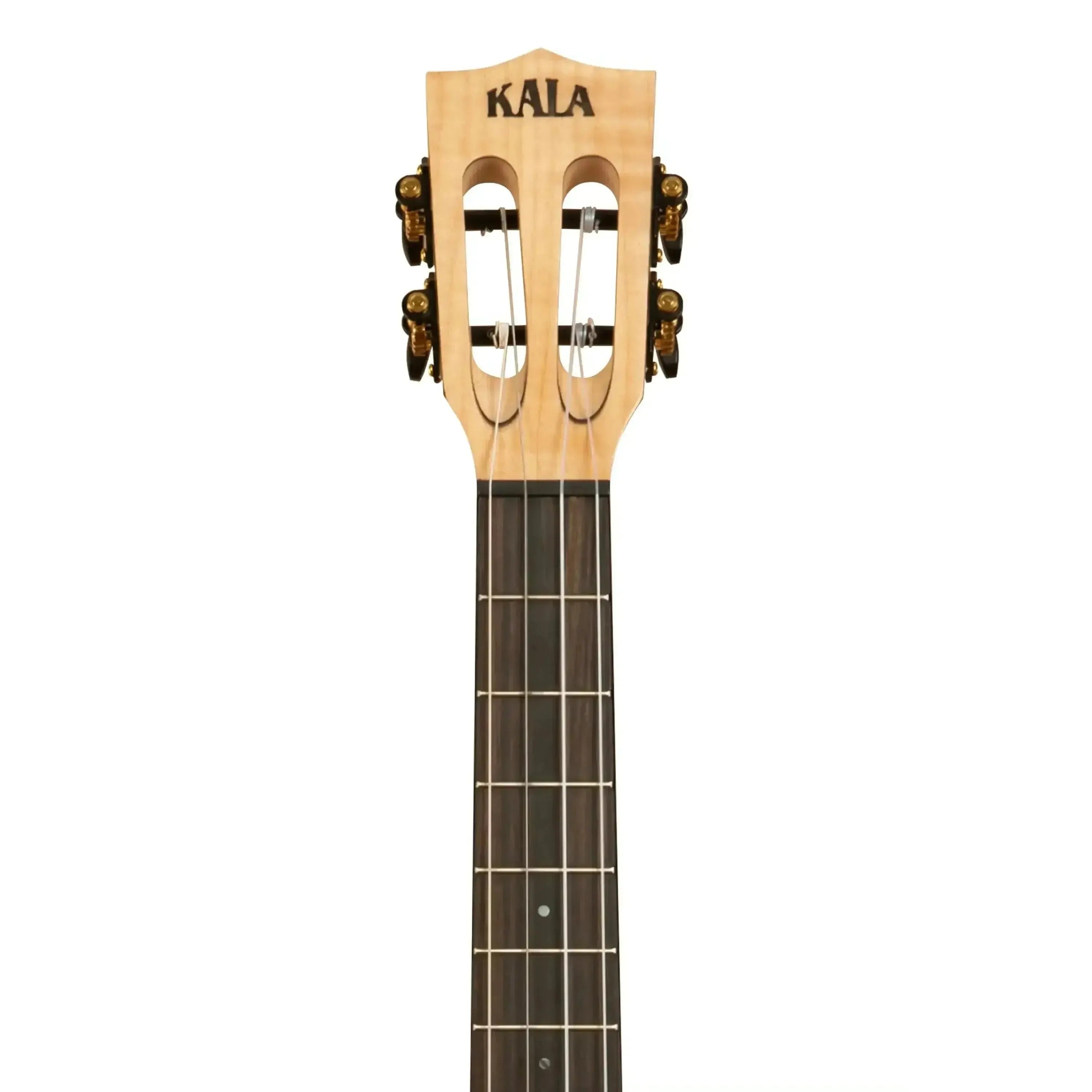 Kala ASFM-B-CE Baritone Ukulele headstock with slotted design, light flamed maple, and dark fretboard.