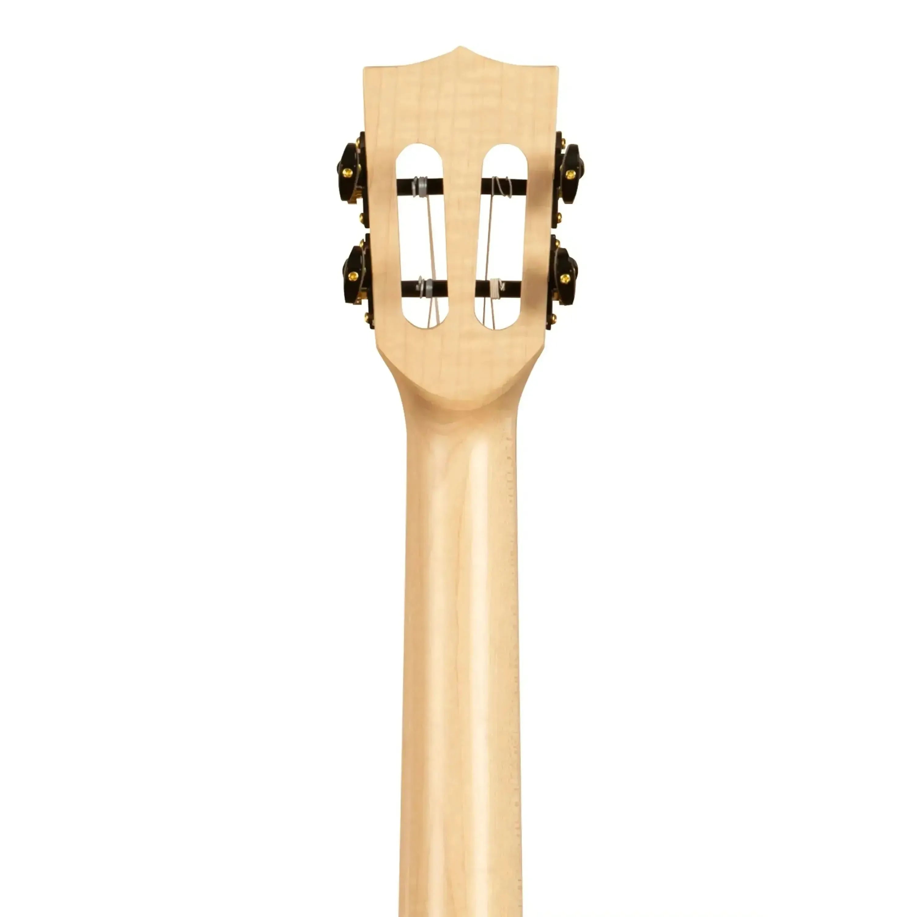 Kala ASFM-B-CE Baritone Ukulele's light flamed maple neck and slotted headstock with black tuners.
