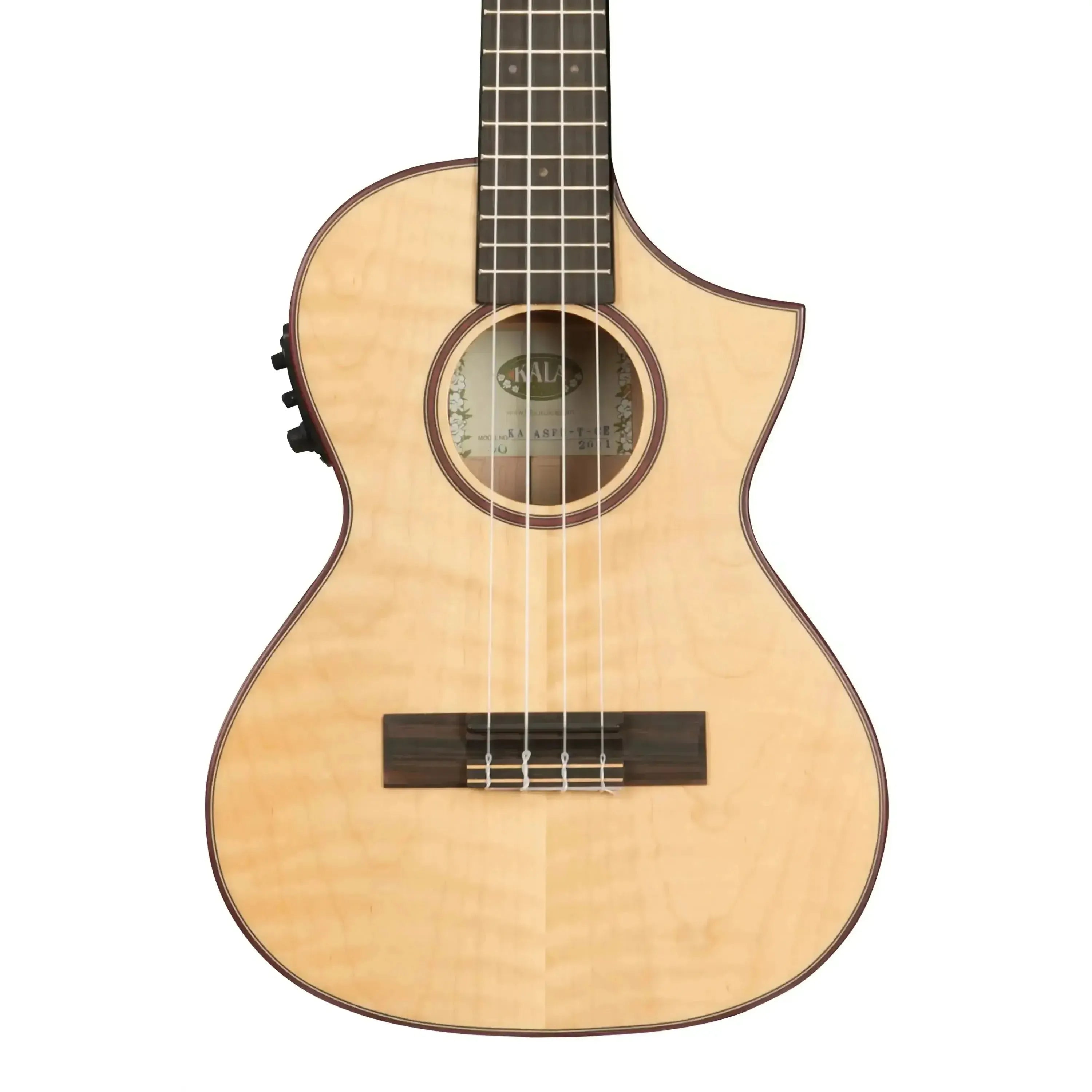 Kala Solid Flamed Maple Tenor Ukulele with Florentine cutaway, Purple Heart binding, and EQ controls.