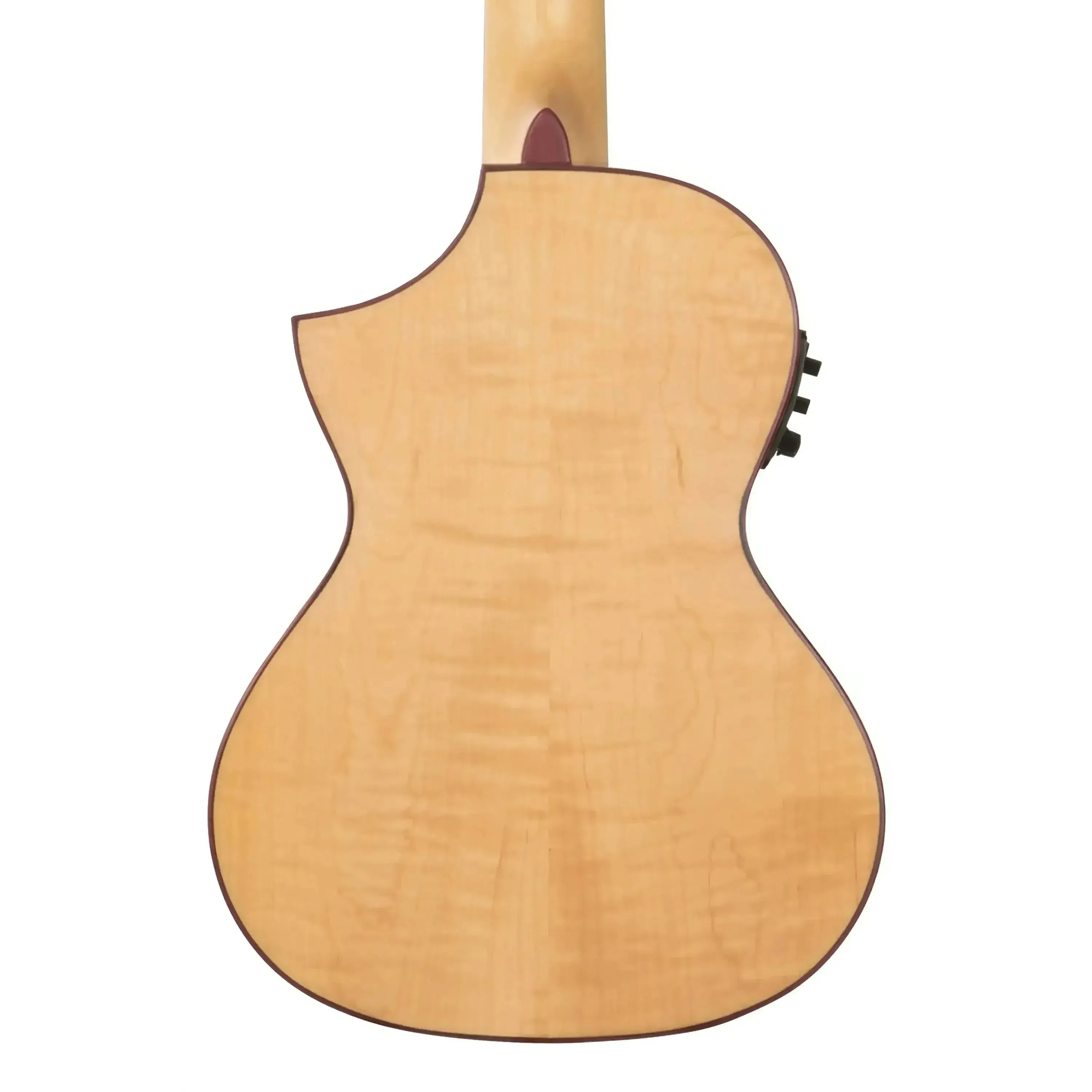 Kala Solid Flamed Maple Tenor Ukulele back with Florentine cutaway and Purple Heart binding.