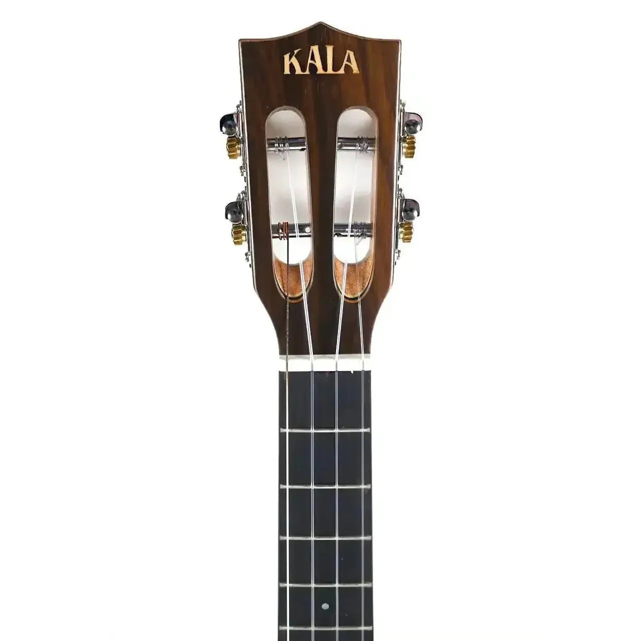 Kala Super Tenor Ukulele headstock and fretboard, featuring dark wood, slotted headstock, and gold tuners.