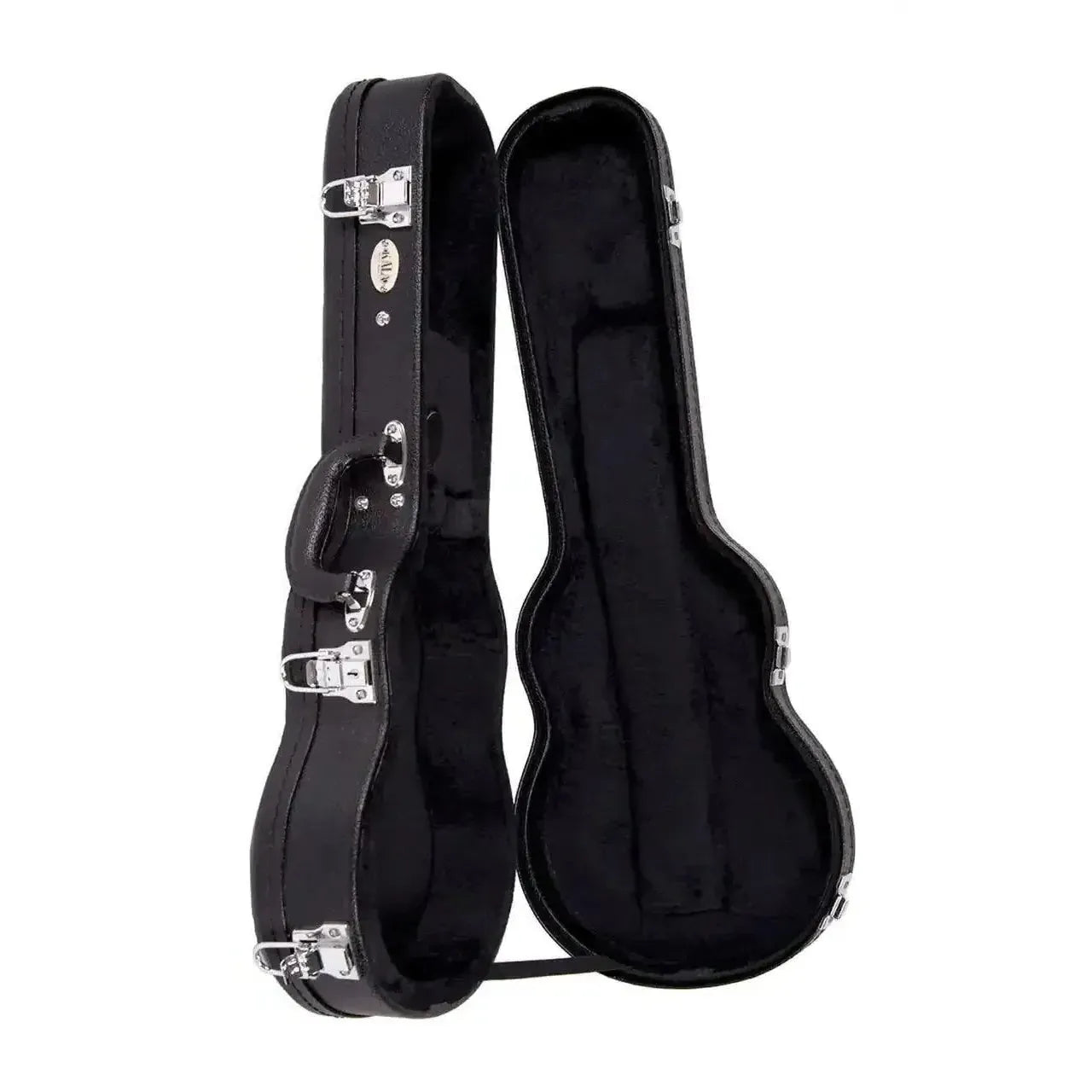 Kala BCC-AT Black Archtop Concert Ukulele Hardshell Case, open with plush interior.