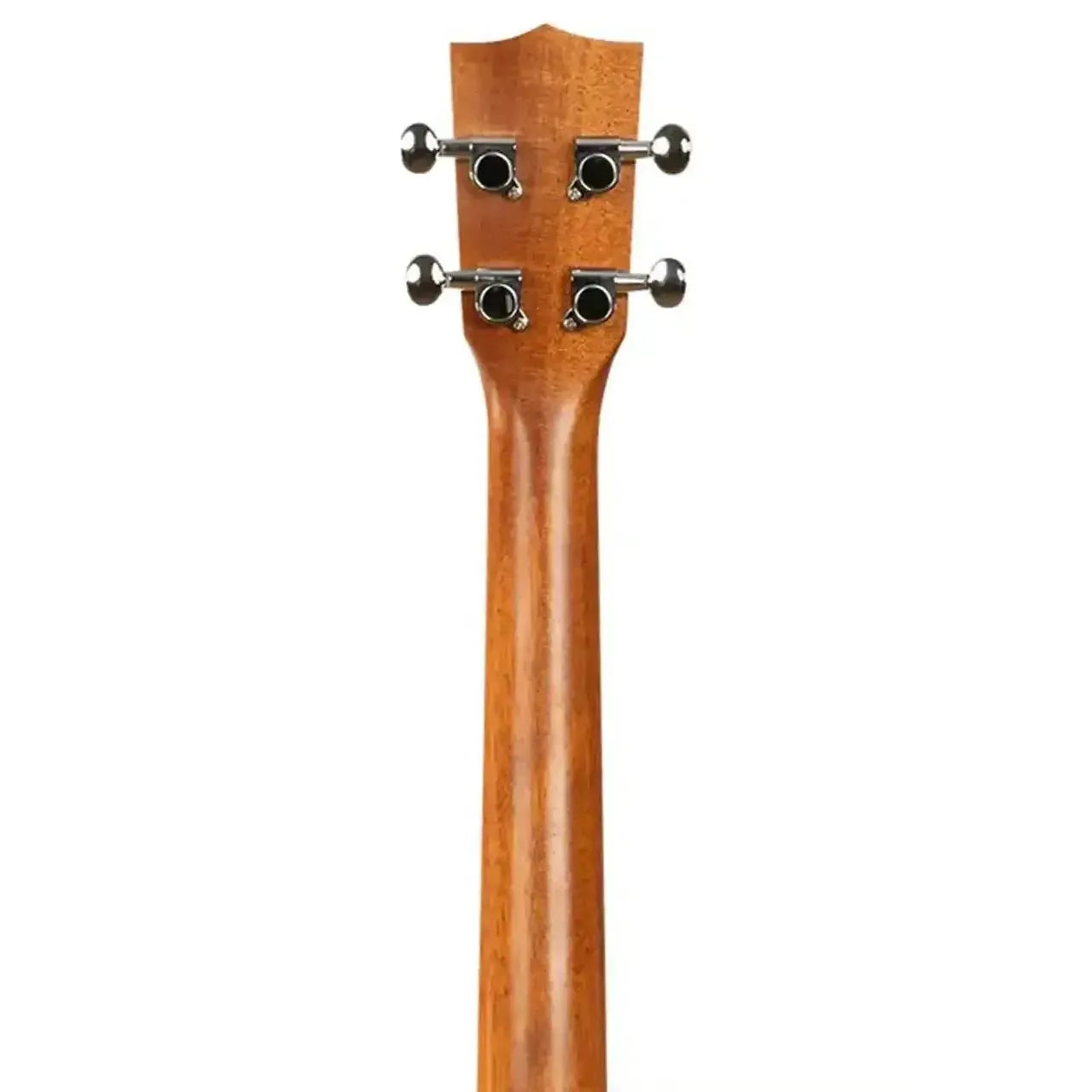 Back of a Kala left-handed baritone ukulele neck and headstock with satin mahogany finish.