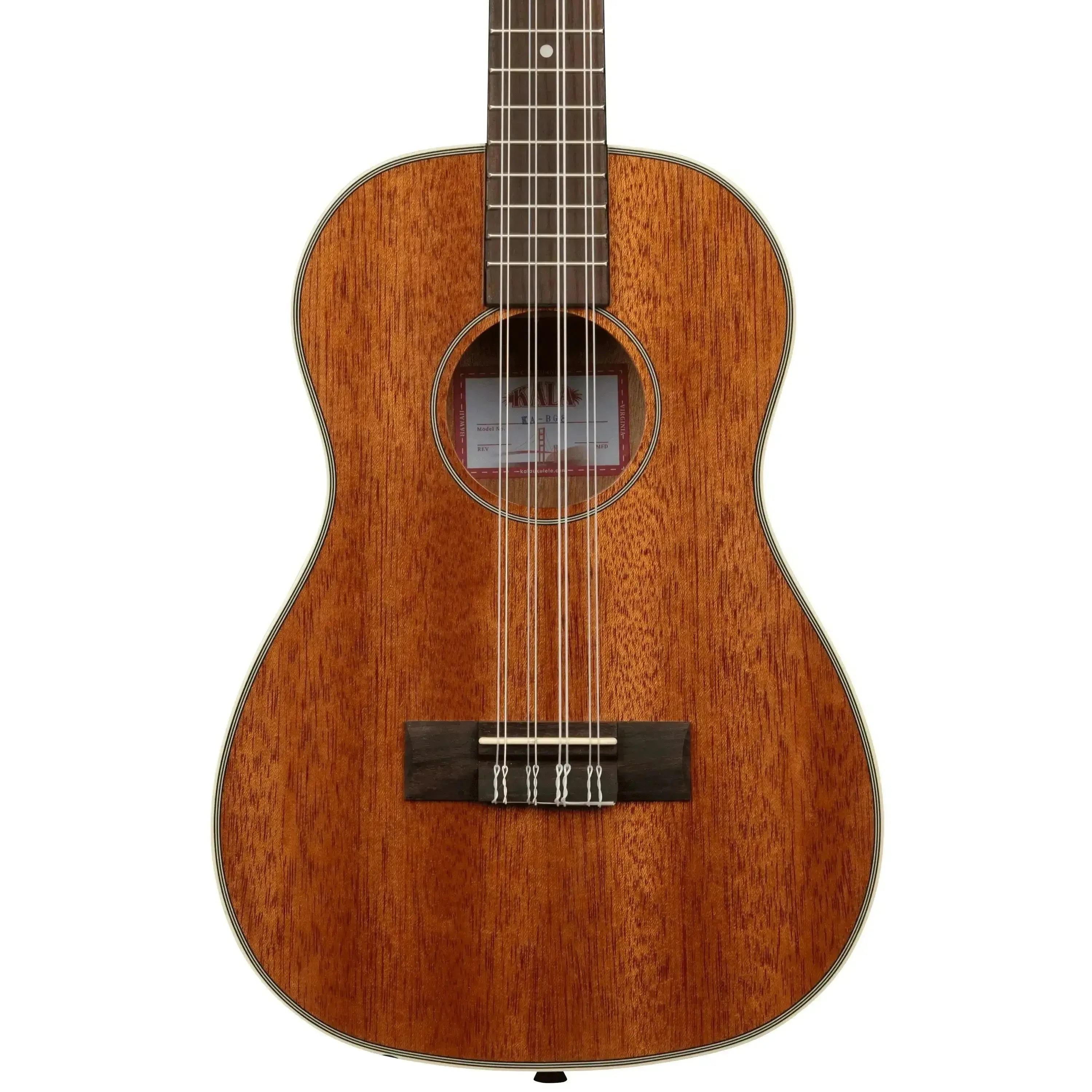 Kala BG8 Gloss Mahogany 8-String Baritone Ukulele body with cream binding and dark rosewood bridge.